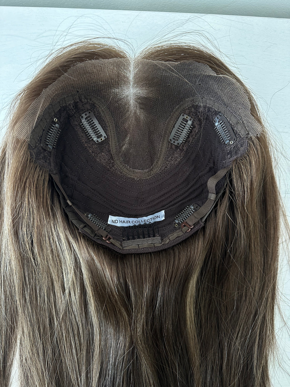 Sample, Warm Light brown with highlights, Lace top Hair Topper (10x10 cap / 18" length)