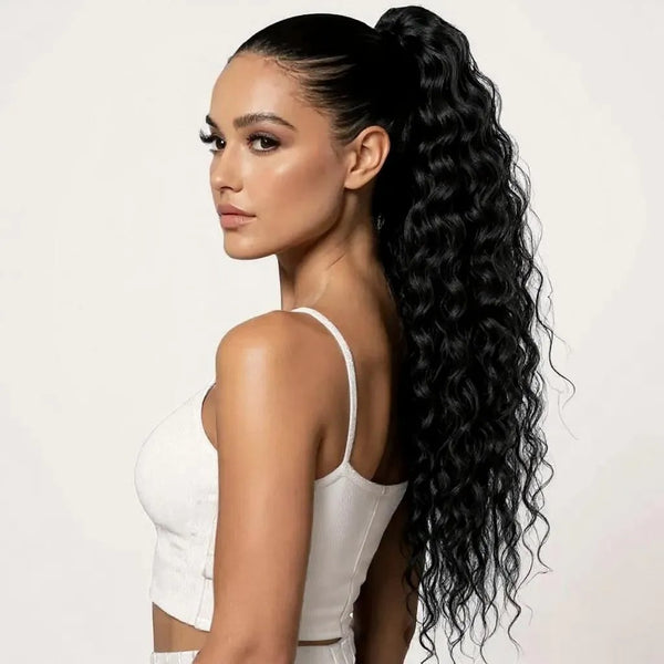 Premium Synthetic Claw Clip Ponytail Extension - Black - Deep Water Wave